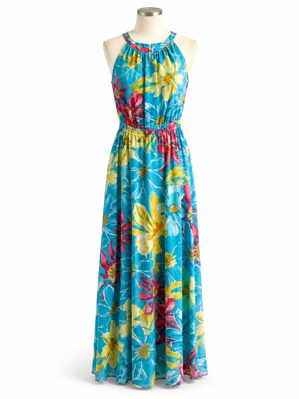 Nine West Floral Maxi Dress Blue‎ Pink Yellow Sleeveless Size 4